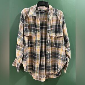 Zara Plaid Button-Down Shirt in Olive, Pink & Black